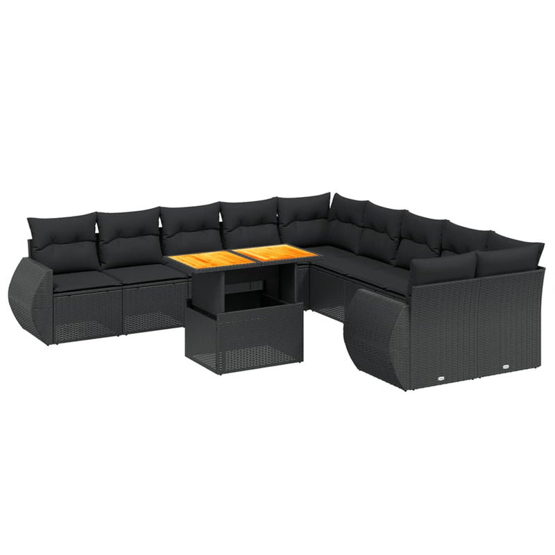 11-delige Loungeset met kussens poly rattan zwart