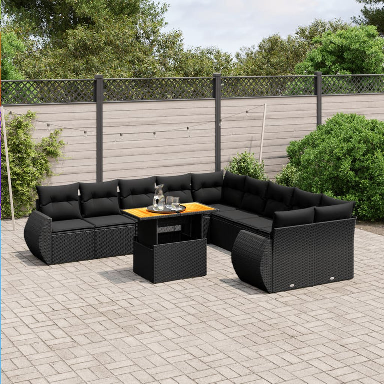 11-delige Loungeset met kussens poly rattan zwart