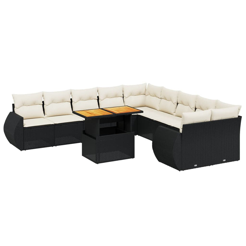 11-delige Loungeset met kussens poly rattan zwart