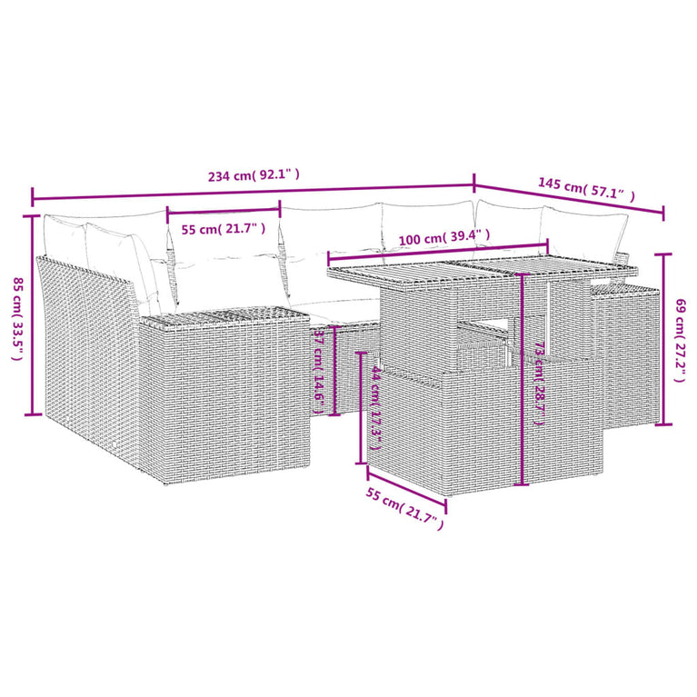 7-delige Loungeset met kussens poly rattan grijs