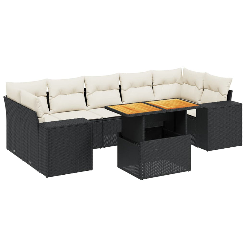 8-delige Loungeset met kussens poly rattan zwart