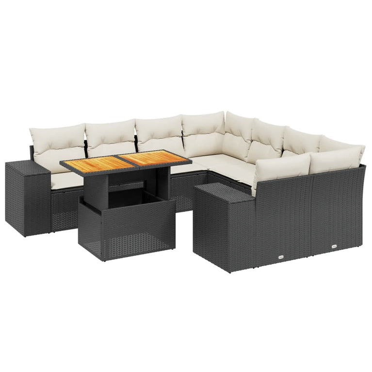 9-delige Loungeset met kussens poly rattan zwart