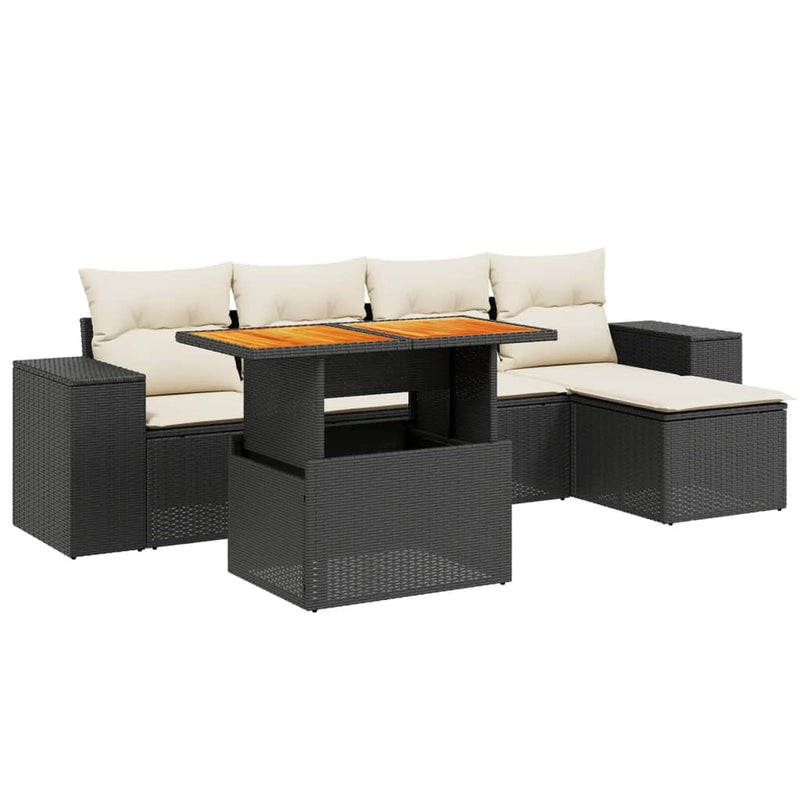 6-delige Loungeset met kussens poly rattan zwart