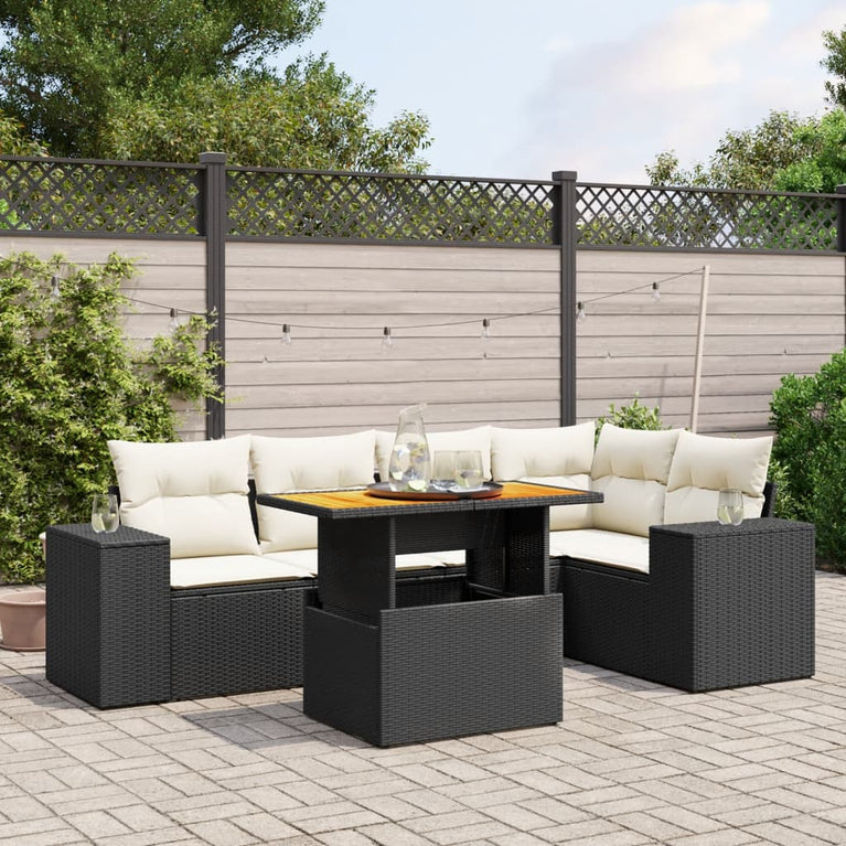 6-delige Loungeset met kussens poly rattan zwart