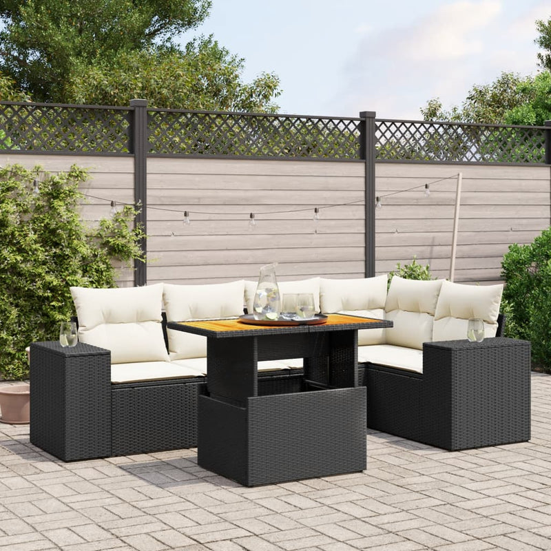 6-delige Loungeset met kussens poly rattan zwart