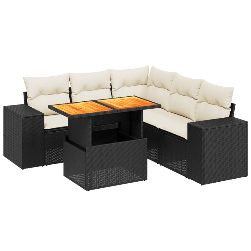 6-delige Loungeset met kussens poly rattan zwart