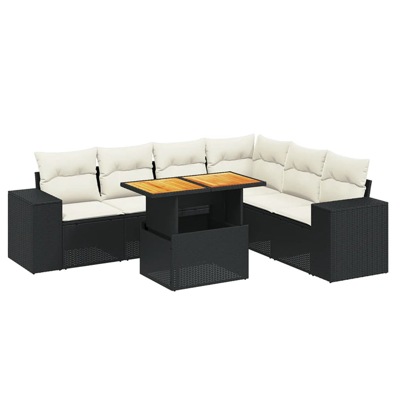 7-delige Loungeset met kussens poly rattan zwart