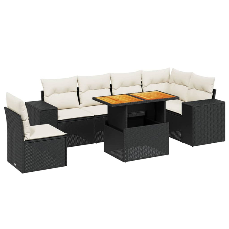 7-delige Loungeset met kussens poly rattan zwart