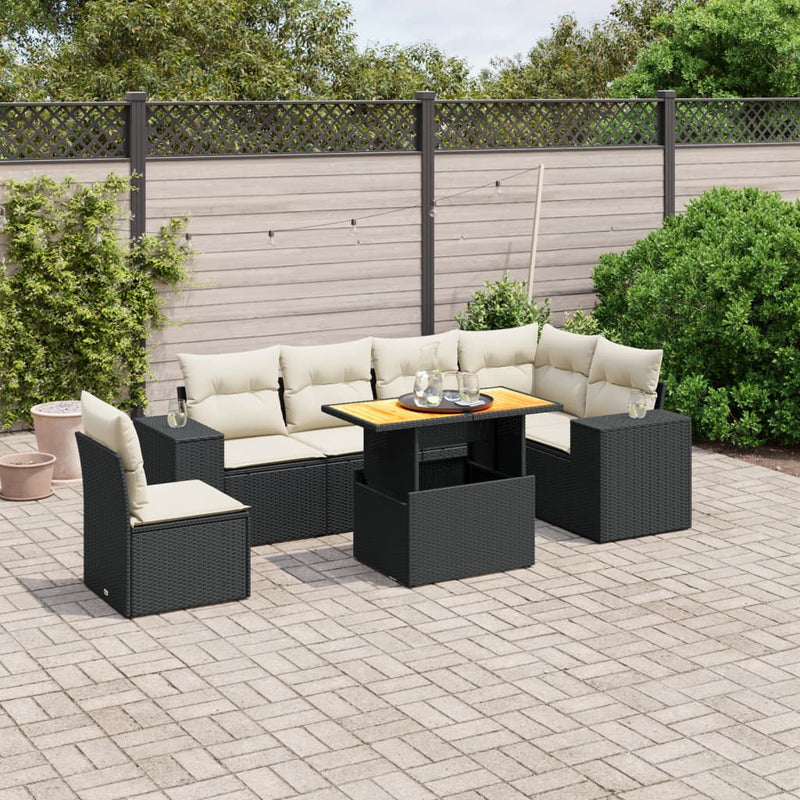 7-delige Loungeset met kussens poly rattan zwart
