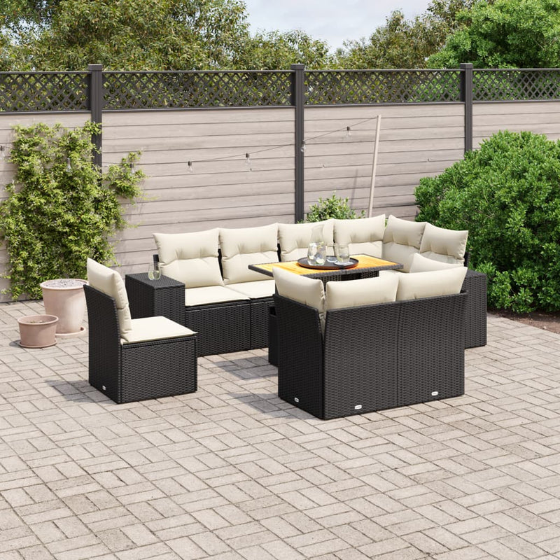 9-delige Loungeset met kussens poly rattan zwart