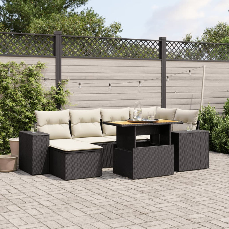 7-delige Loungeset met kussens poly rattan zwart