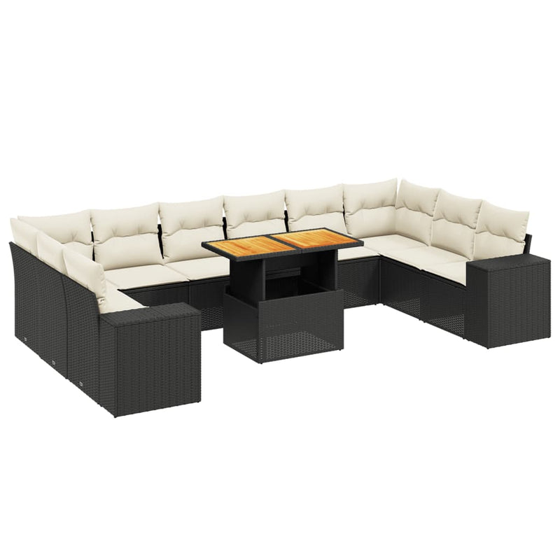 11-delige Loungeset met kussens poly rattan zwart