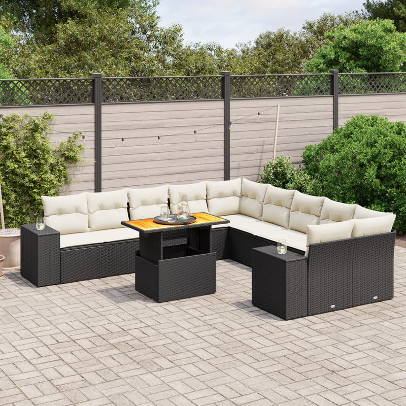 11-delige Loungeset met kussens poly rattan zwart