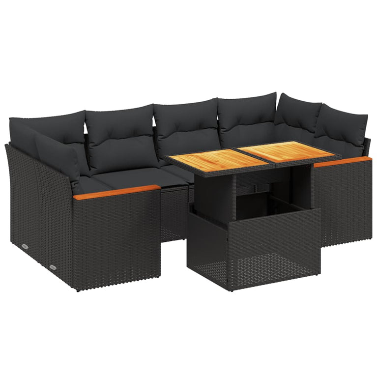 7-delige Loungeset met kussens poly rattan zwart