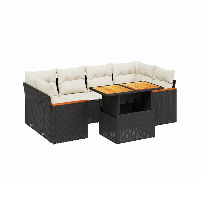 7-delige Loungeset met kussens poly rattan zwart