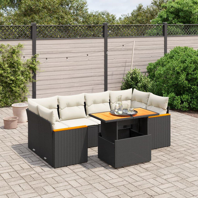 7-delige Loungeset met kussens poly rattan zwart