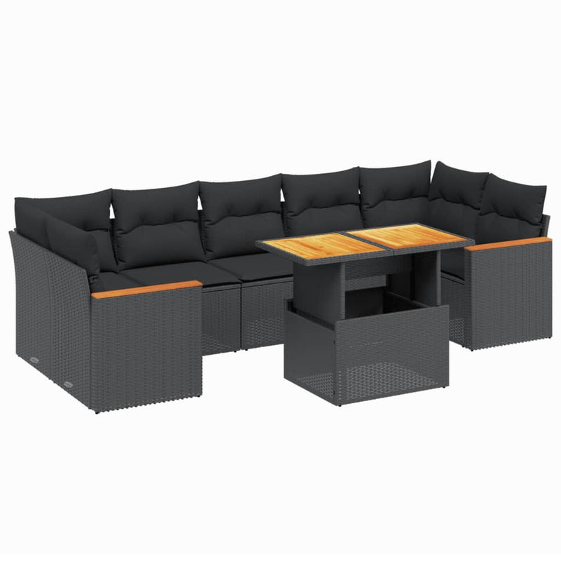 8-delige Loungeset met kussens poly rattan zwart