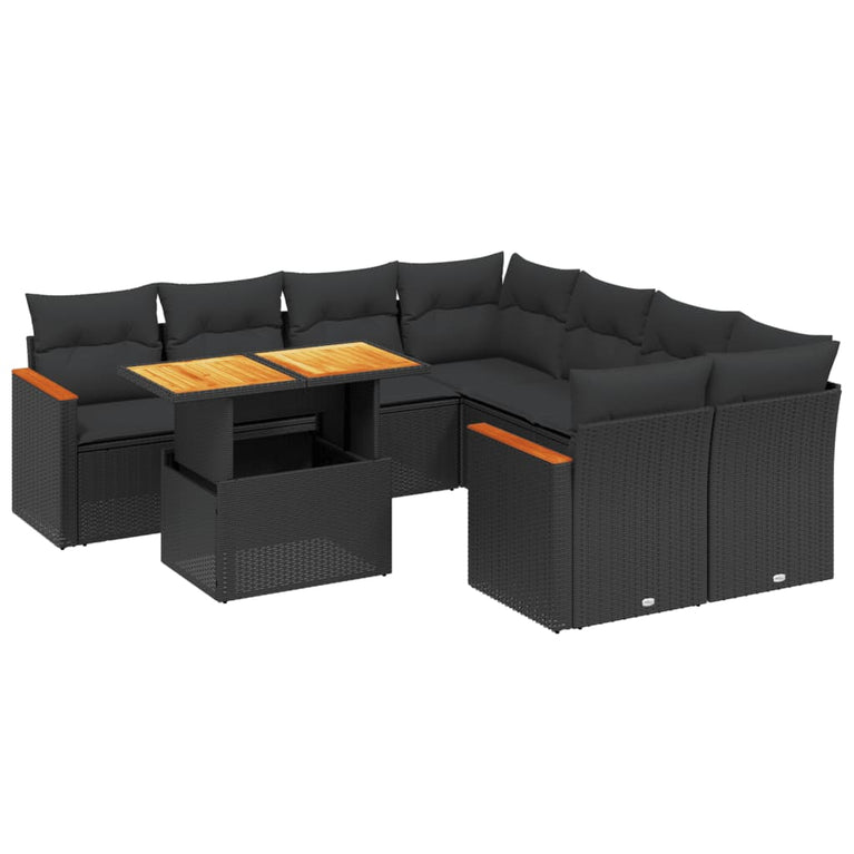 9-delige Loungeset met kussens poly rattan zwart