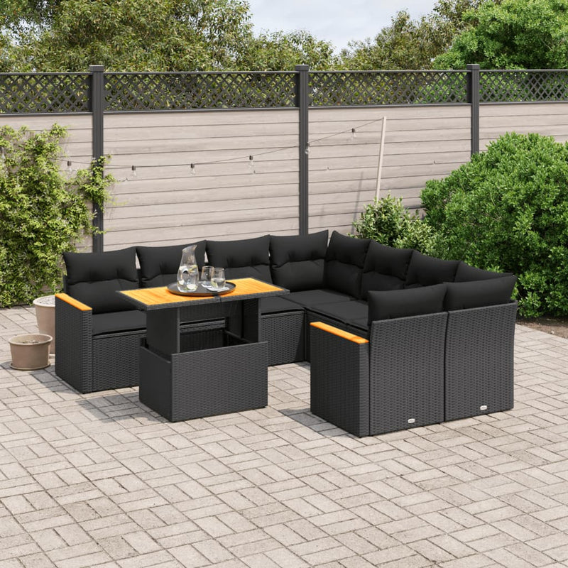 9-delige Loungeset met kussens poly rattan zwart