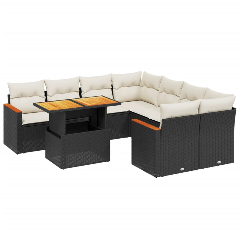 9-delige Loungeset met kussens poly rattan zwart