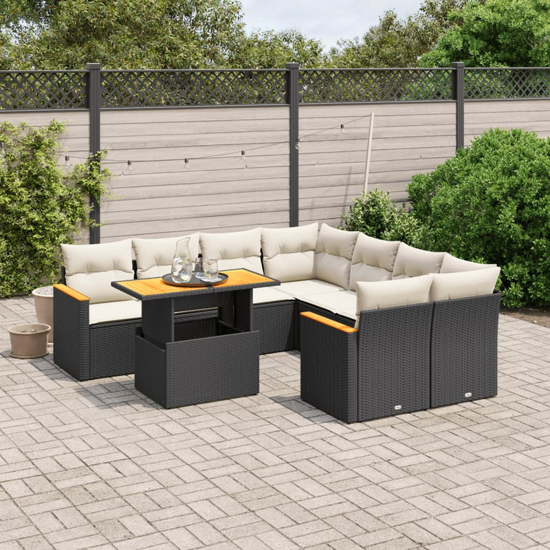 9-delige Loungeset met kussens poly rattan zwart
