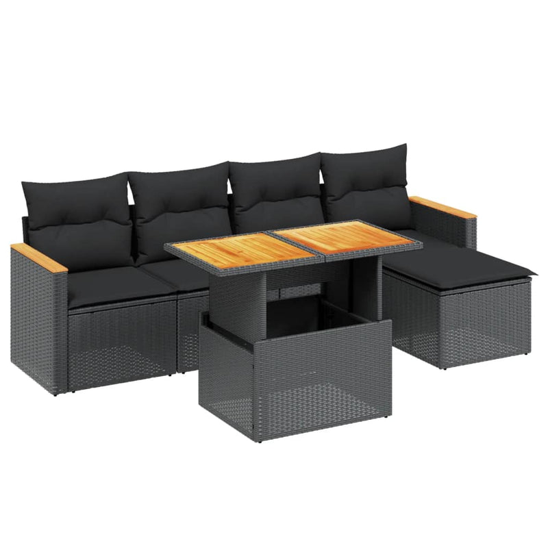 6-delige Loungeset met kussens poly rattan zwart