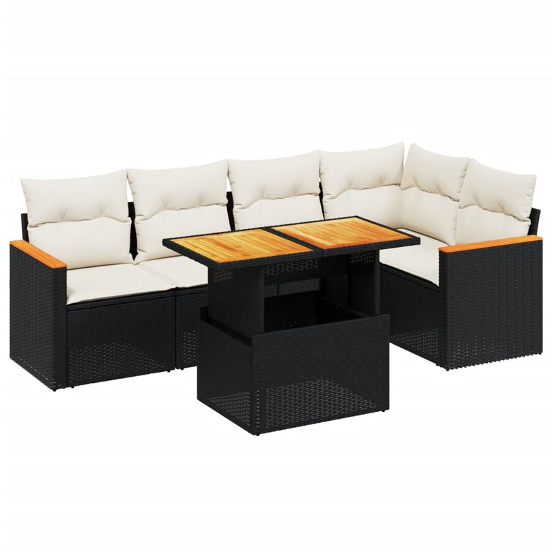 6-delige Loungeset met kussens poly rattan zwart
