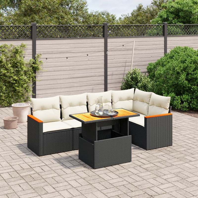 6-delige Loungeset met kussens poly rattan zwart