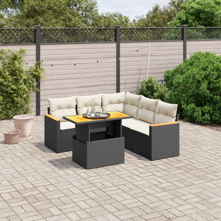 6-delige Loungeset met kussens poly rattan zwart