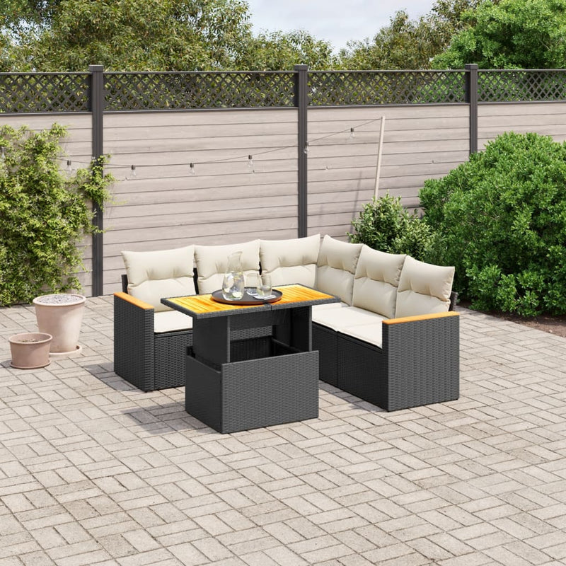 6-delige Loungeset met kussens poly rattan zwart
