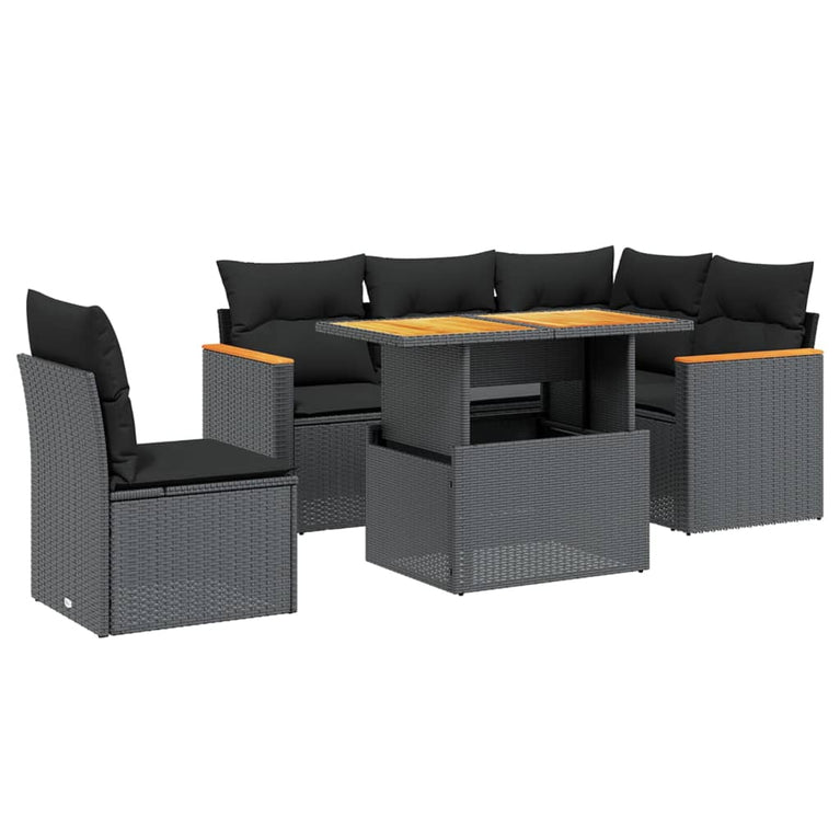 6-delige Loungeset met kussens poly rattan zwart