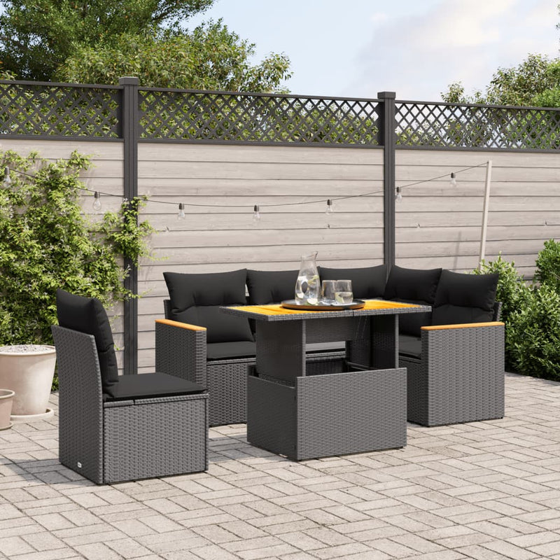 6-delige Loungeset met kussens poly rattan zwart