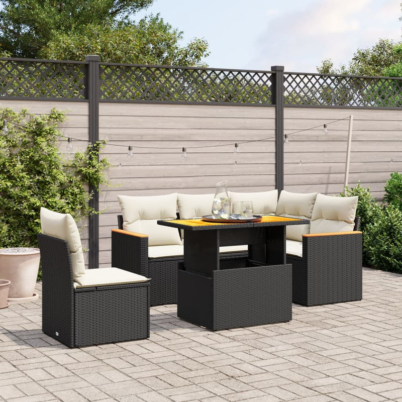 6-delige Loungeset met kussens poly rattan zwart