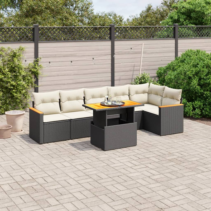 7-delige Loungeset met kussens poly rattan zwart