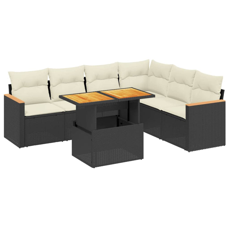 7-delige Loungeset met kussens poly rattan zwart