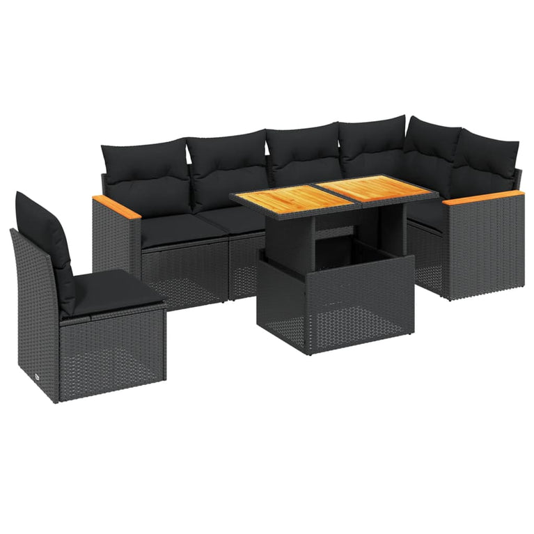 7-delige Loungeset met kussens poly rattan zwart