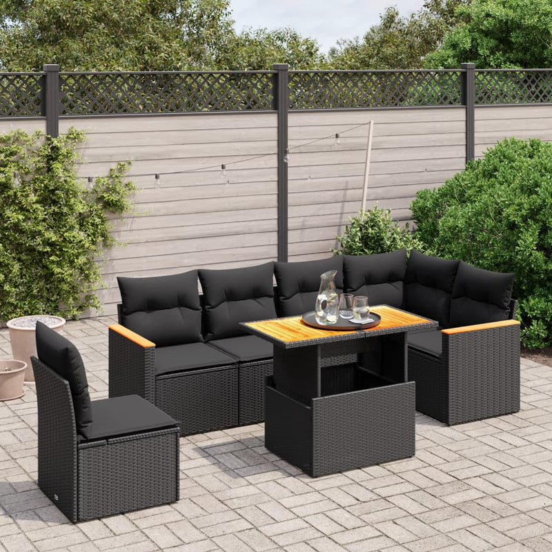 7-delige Loungeset met kussens poly rattan zwart