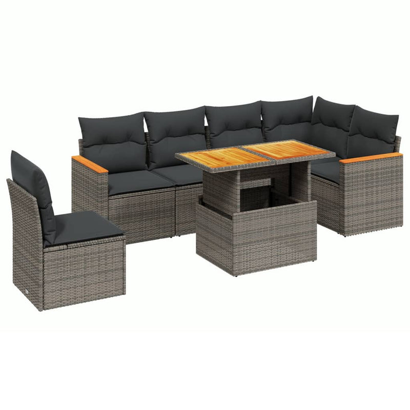 7-delige Loungeset met kussens poly rattan grijs