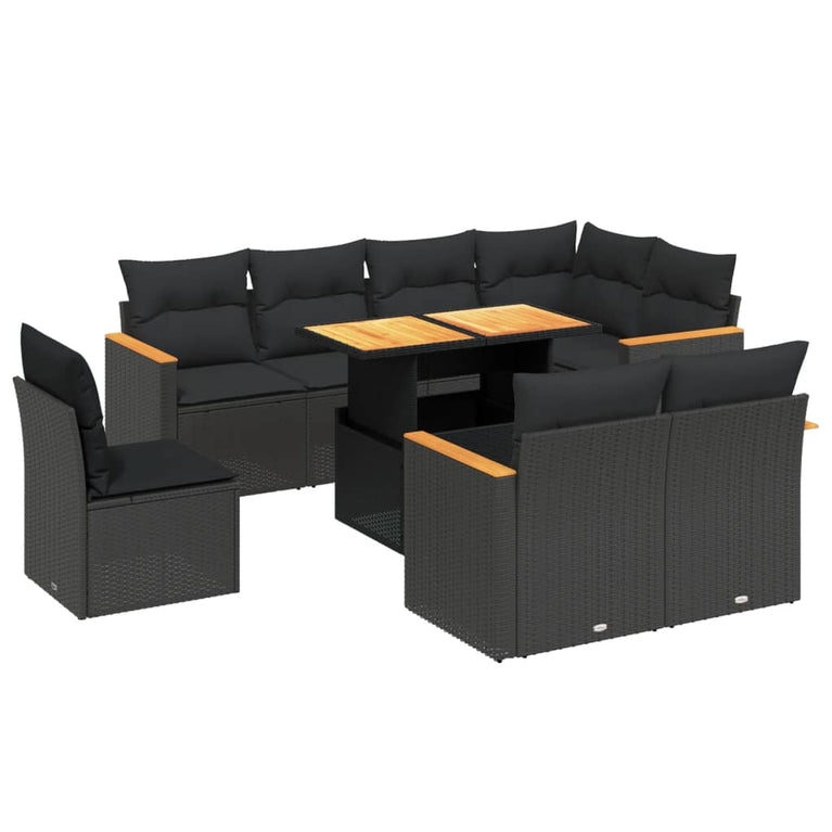 9-delige Loungeset met kussens poly rattan zwart