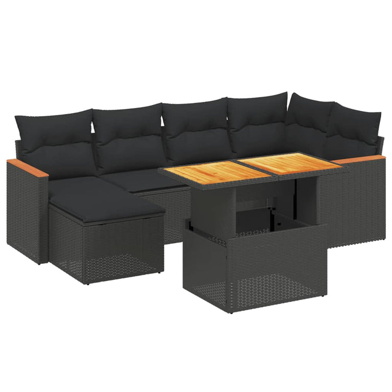 7-delige Loungeset met kussens poly rattan zwart