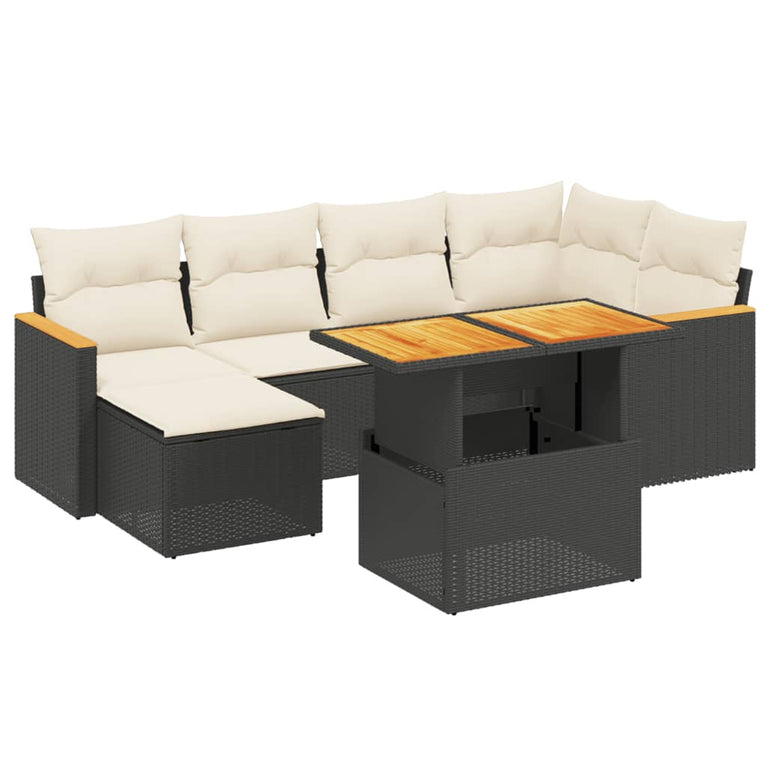7-delige Loungeset met kussens poly rattan zwart