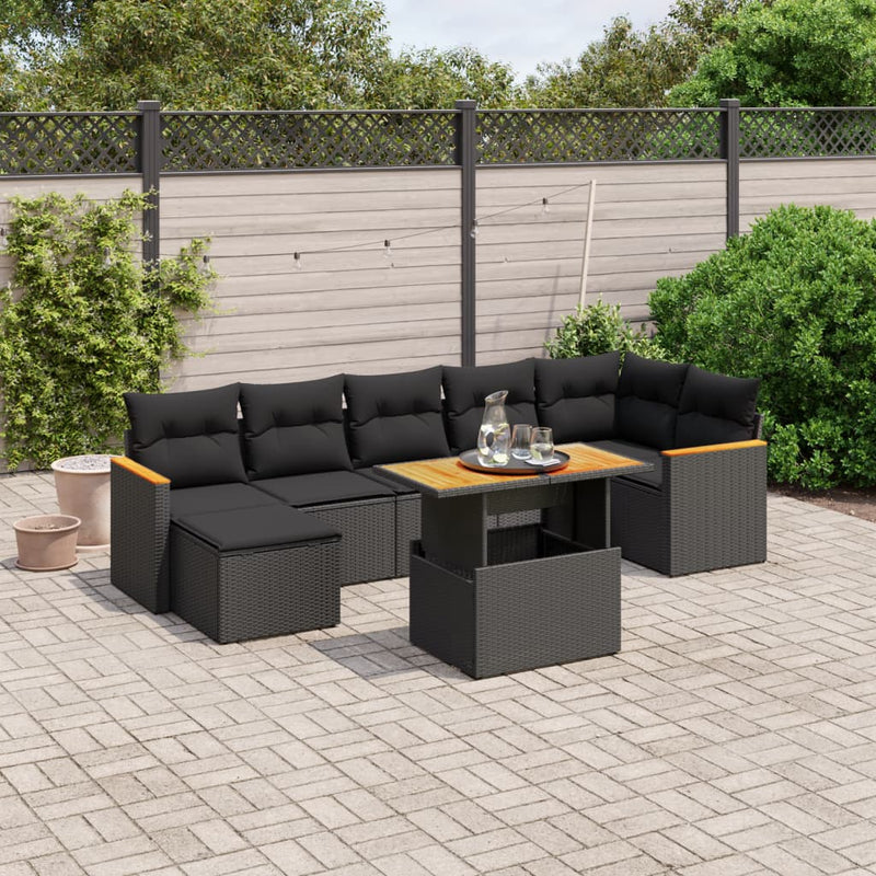 8-delige Loungeset met kussens poly rattan zwart
