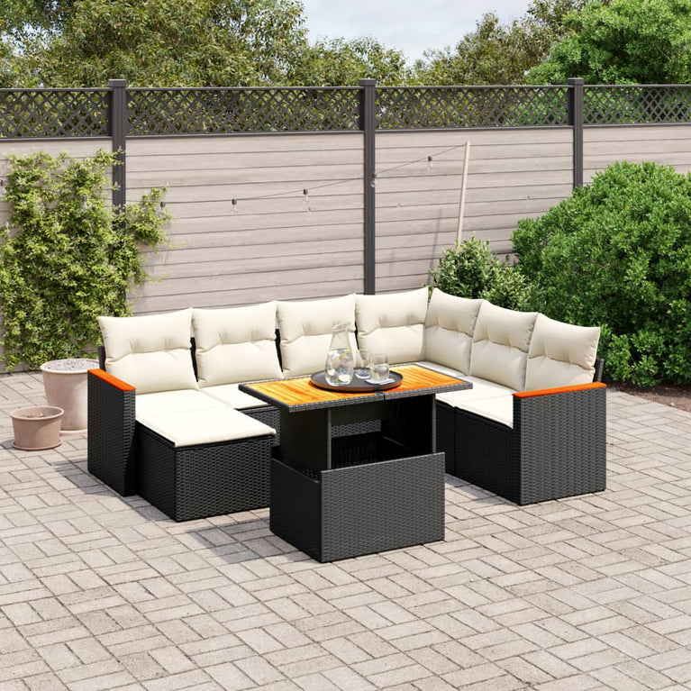8-delige Loungeset met kussens poly rattan zwart