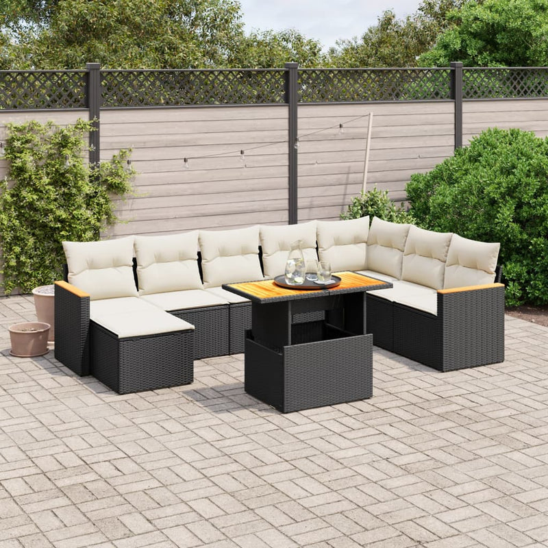 9-delige Loungeset met kussens poly rattan zwart