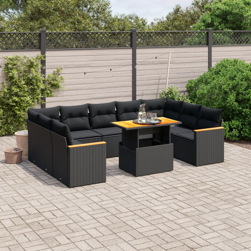 11-delige Loungeset met kussens poly rattan zwart