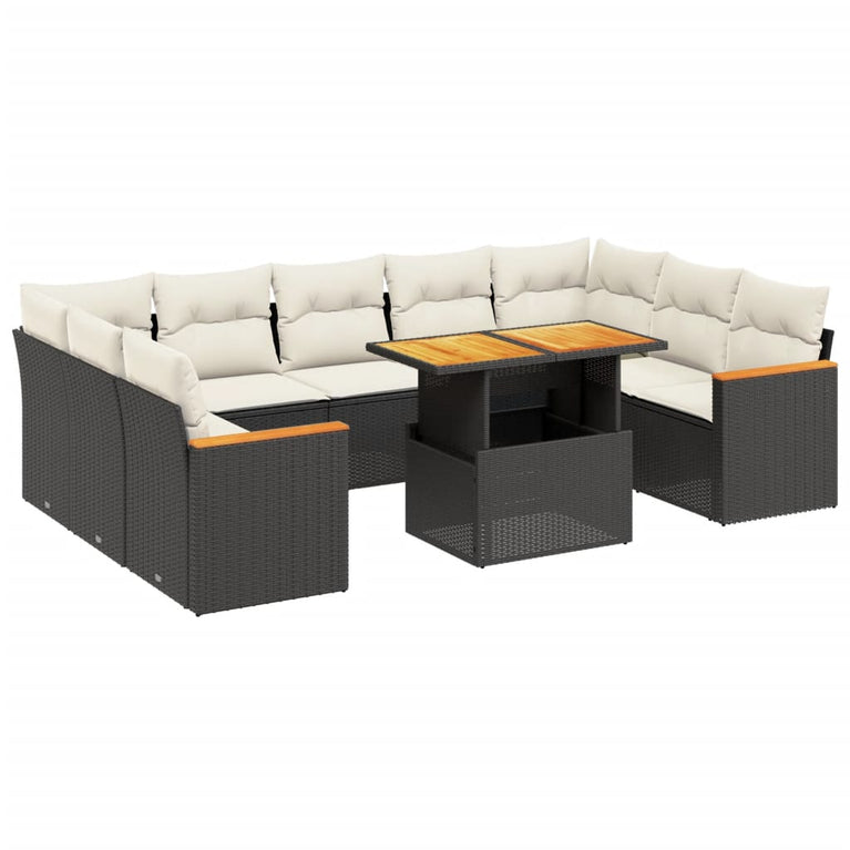 11-delige Loungeset met kussens poly rattan zwart