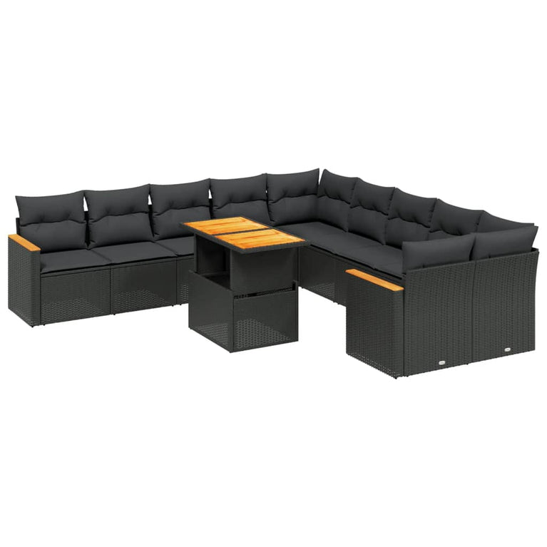11-delige Loungeset met kussens poly rattan zwart