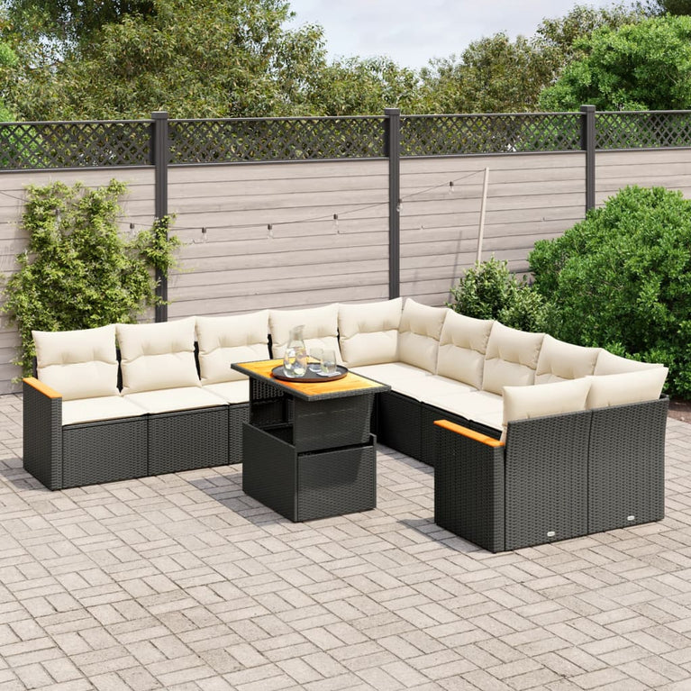 11-delige Loungeset met kussens poly rattan zwart