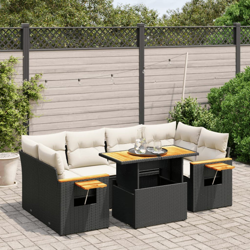 7-delige Loungeset met kussens poly rattan zwart