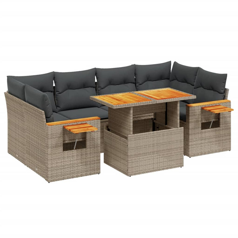 7-delige Loungeset met kussens poly rattan grijs